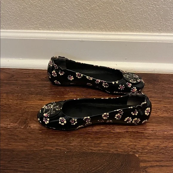 Tory Burch Black Flats with Pink Floral Design - Picture 3 of 5